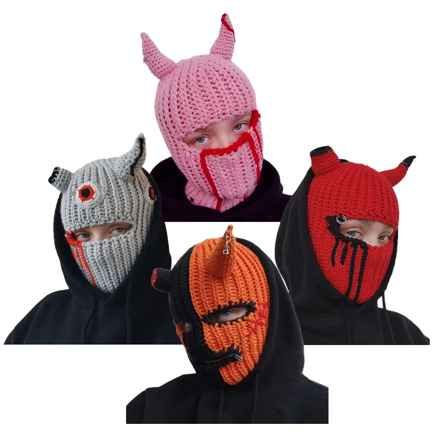 FF708 вязаные шапки шапка зимняя теплая закрывающая лицо ветрозащитная Лыжная маска Хэллоуин смешные Рога вязаная