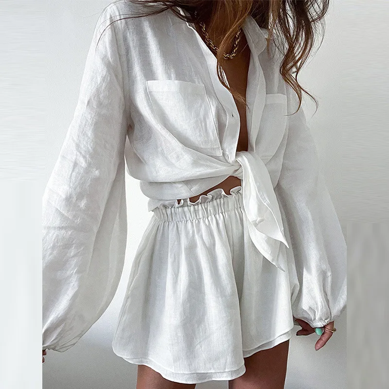 2024 Spring Summer new casual loose fashion two-piece set long sleeve shirt + short pants solid color ruffled shorts women suits