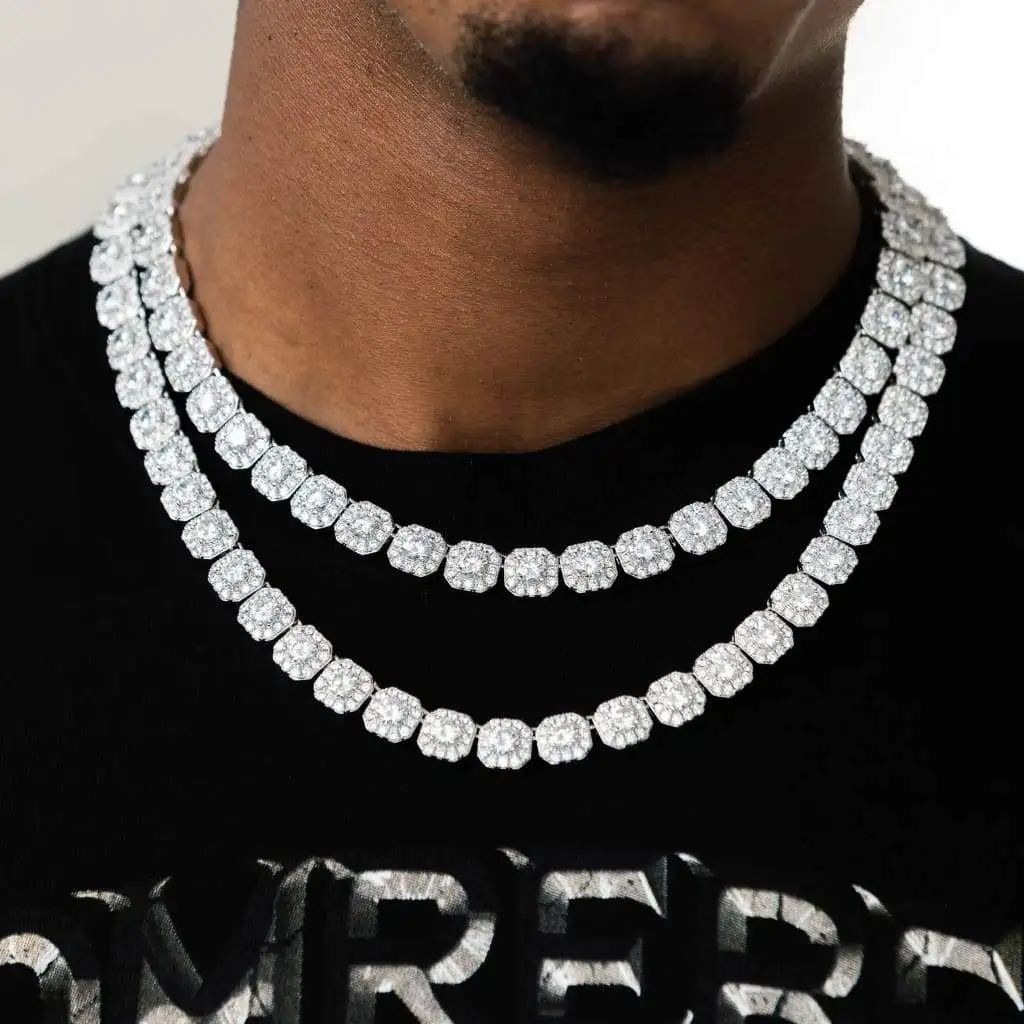 Wholesale Custom 10 11mm Clustered Diamond Tennis Chain White Gold Rhodium 18K Gold Plated Unisex Necklace Silver Hip Hop Chain