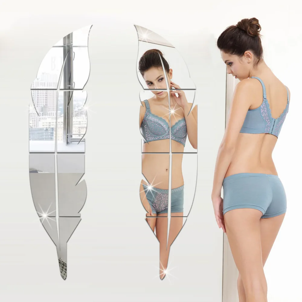 
Hot Sale Hallway Decorative Feather Shape Mirror Sticker 3d Stereo Acrylic Wall Mirror Sticker 