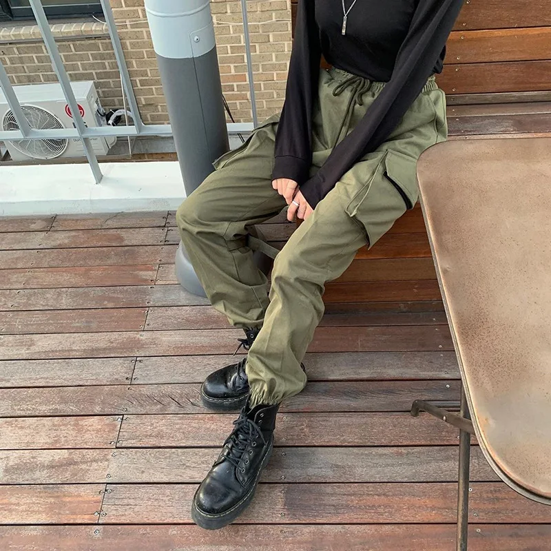 KHG8704  2019 autumn fashion women multi pocket high waist casual stretching cargo pants
