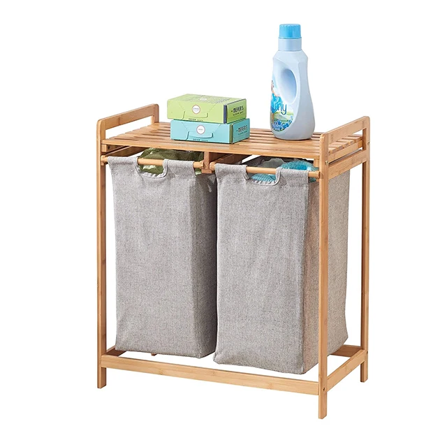 Freestanding 2 Removable Storage Sorter Bags Laundry Organizer Hamper Space-Saving Basket Tabletop Organizer Bamboo Shelf