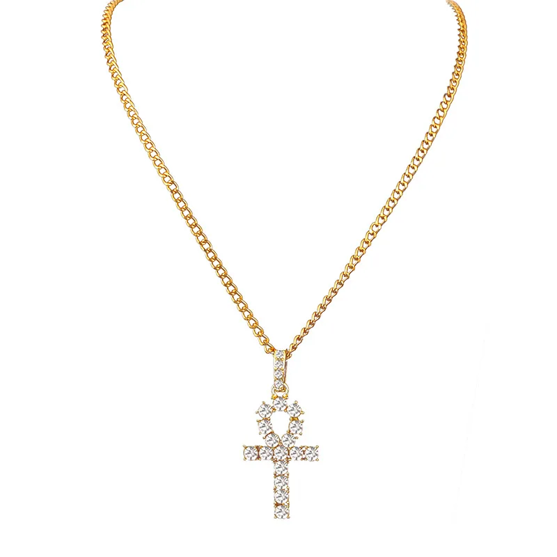 Silver Color Mens Hop Iced Out Gold Rhinestone Key of Life Egypt Cross Pendant Tennis Chain Crystal Necklace for Men