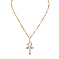 Silver Color Mens Hop Iced Out Gold Rhinestone Key of Life Egypt Cross Pendant Tennis Chain Crystal Necklace for Men