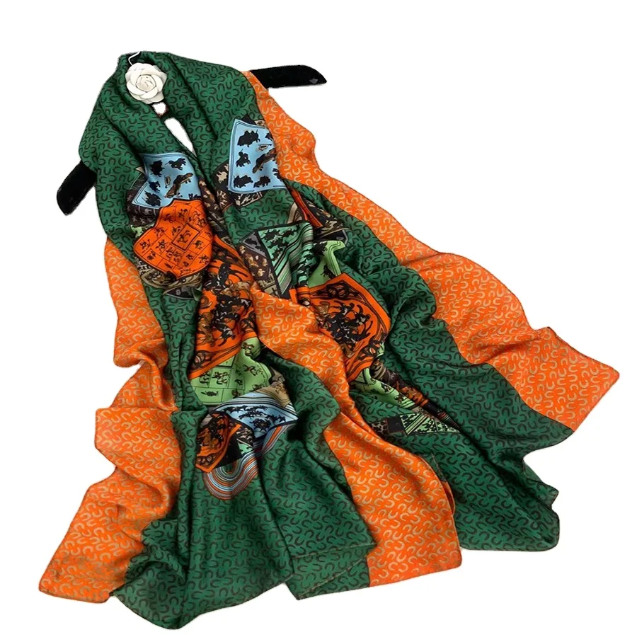 Новый дизайн, длинный атласный шелковый шарф для женщин, шикарные женские шарфы с цветочным принтом, шейный платок для путешествий