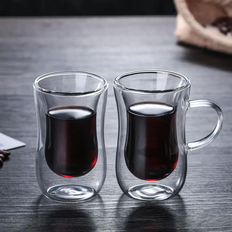 High quality crystal double wall cup coffee mug Borosolicate handmade tea glass with handle