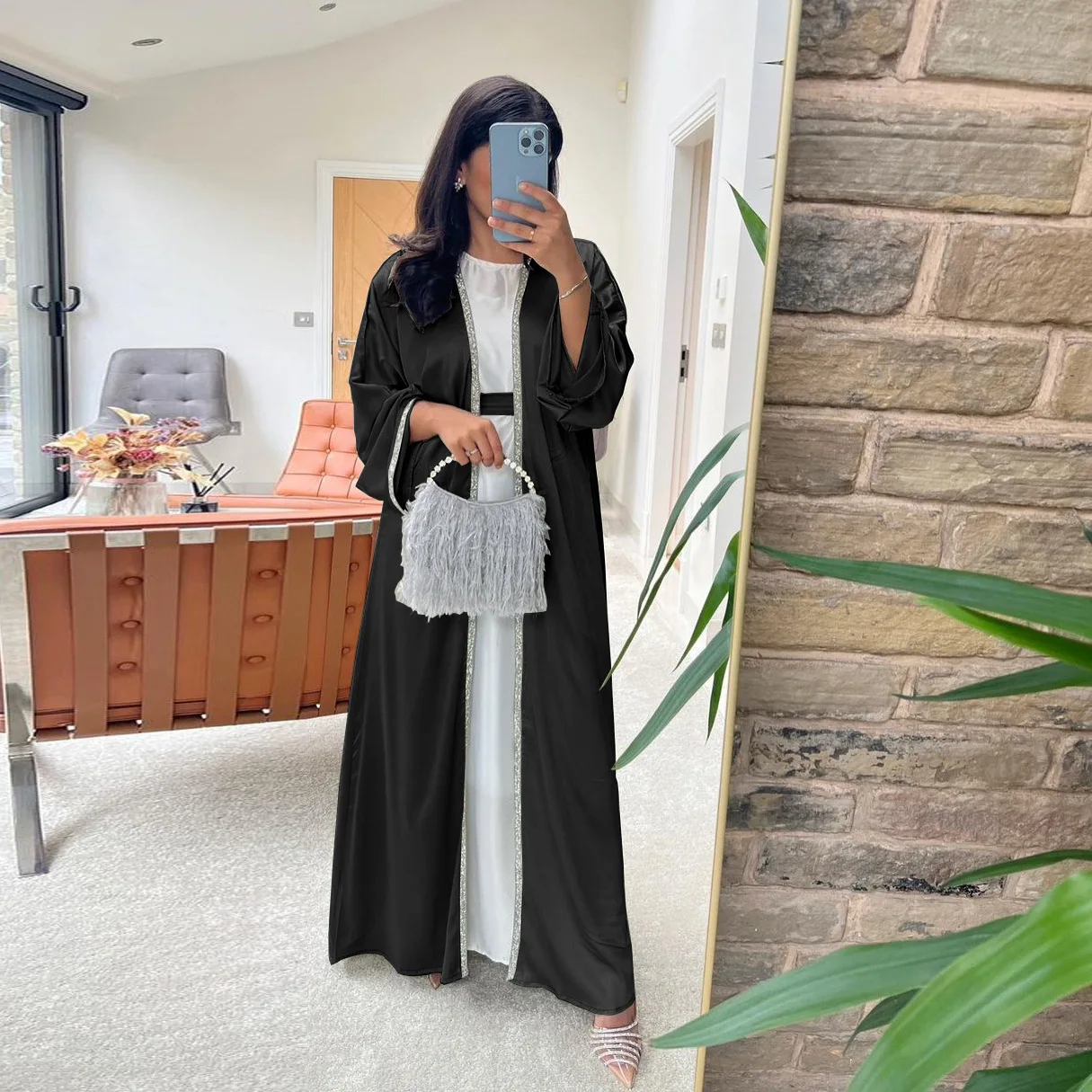 2024 New arrival plain color satin islamic Eid dress sets rhinestone decoration free with belt Turkey open abaya