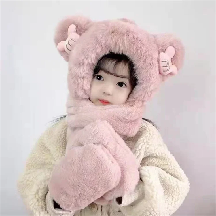 Wholesale Cute Baby Faux Fur Scarf Hat Gloves Sets Fluffy Fuzzy Plain Kids Winter Scarf Sets