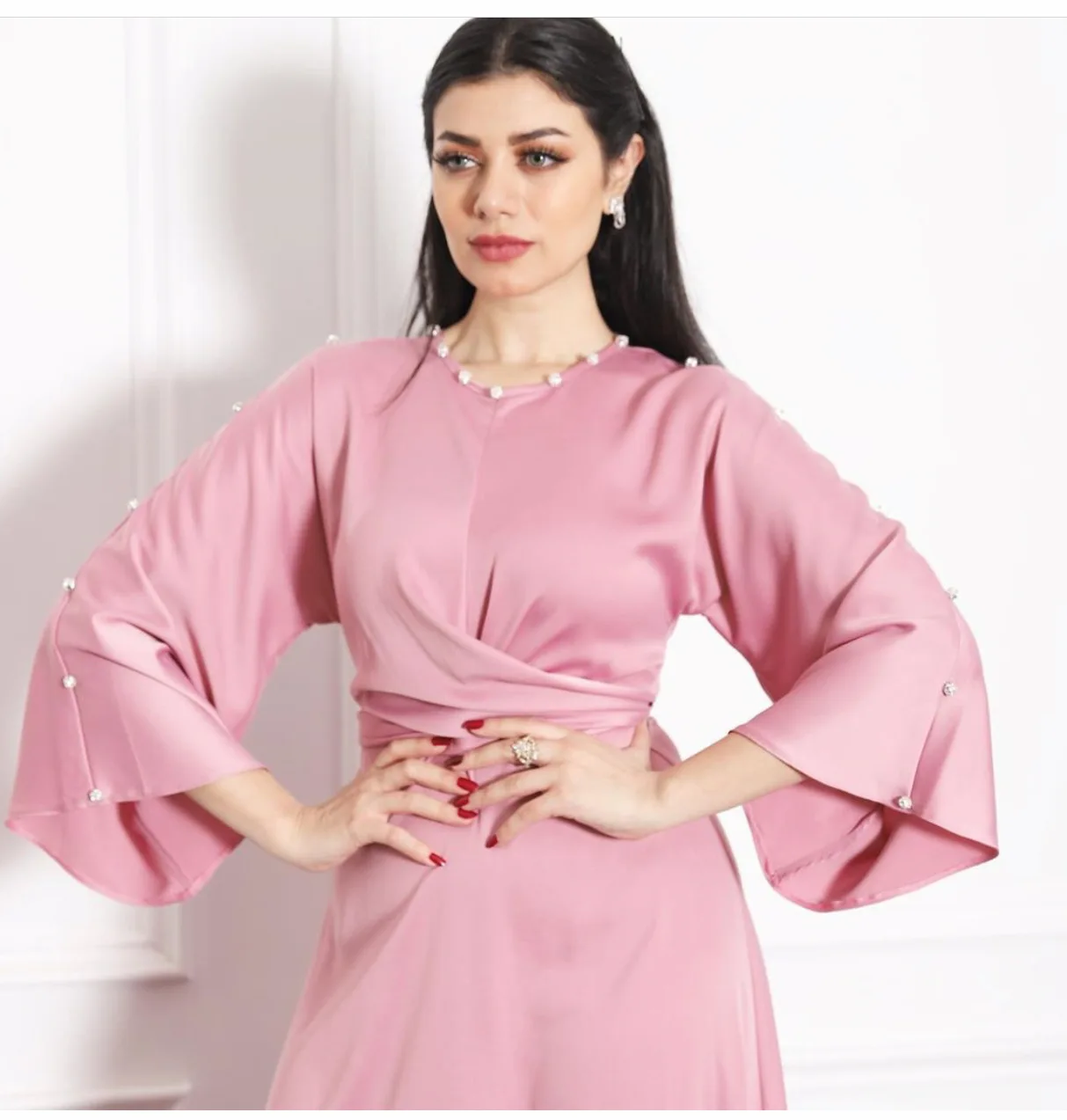 
Direct selling Cross-Border Middle East Dubai High-End Satin Lotus Leaf Sleeve Dress Muslim women 