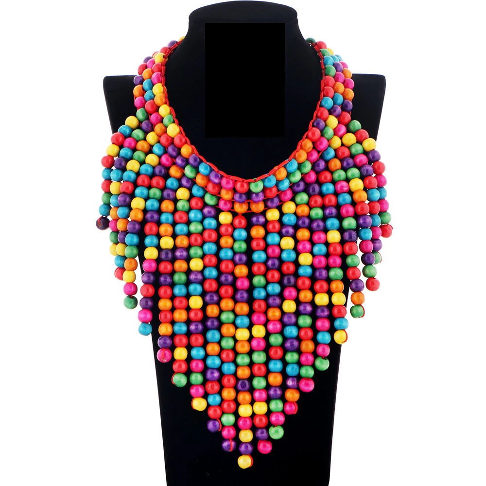 Beads Tassel Statement Necklace Design African National Style Handmade Colorful Wood New for Women Opp Bag Wooden Necklace X211