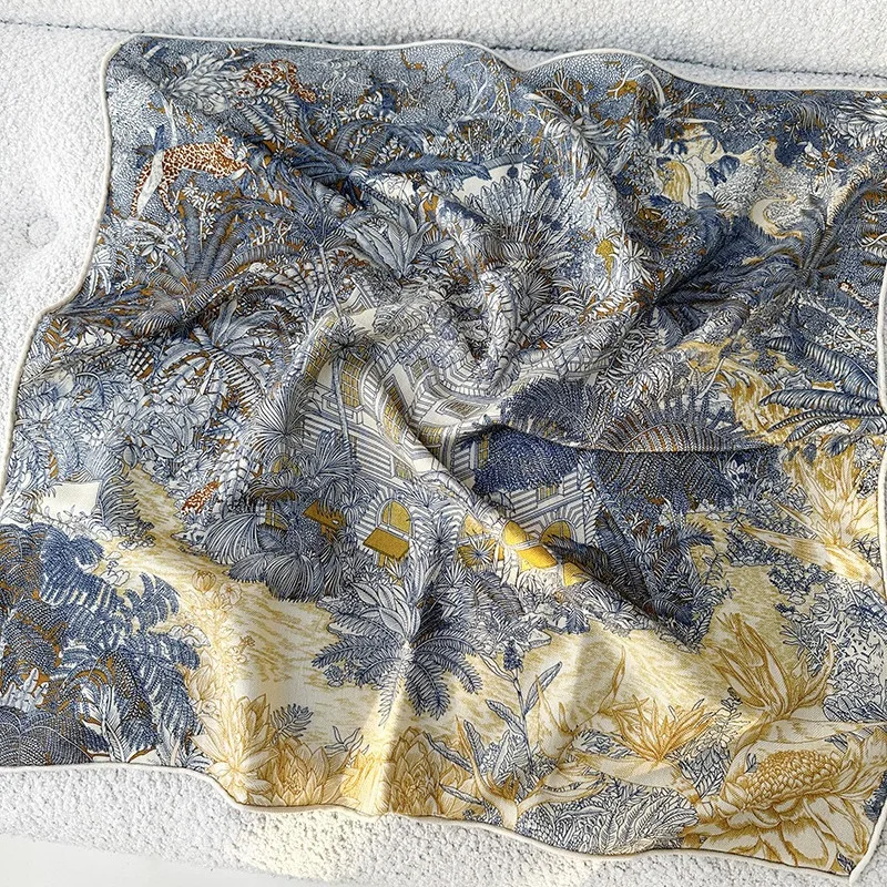 2 Sides Printing Wool Scarf Silk Blend Shawl 65x65cm Hand-rolled Hem 70% Wool 30% Silk Lightweight Wool And Silk Scarf For Women