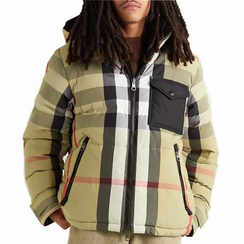 OEM custom high quality winter reversible checked quilted shell hooded down Jacket for men