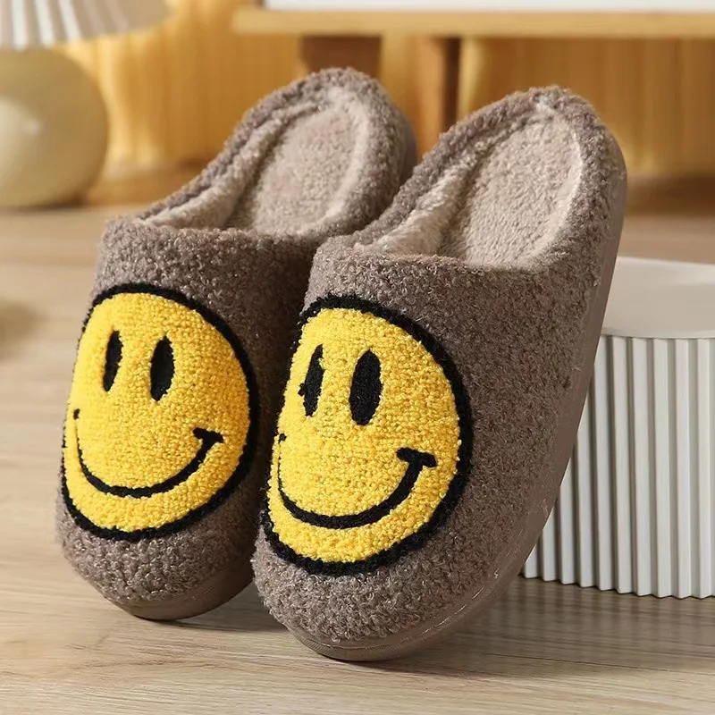 Amazon Hotsale Smile Face Plush Slippers Indoor TPR Sole Winter Fashion Fur Slippers Home Slippers