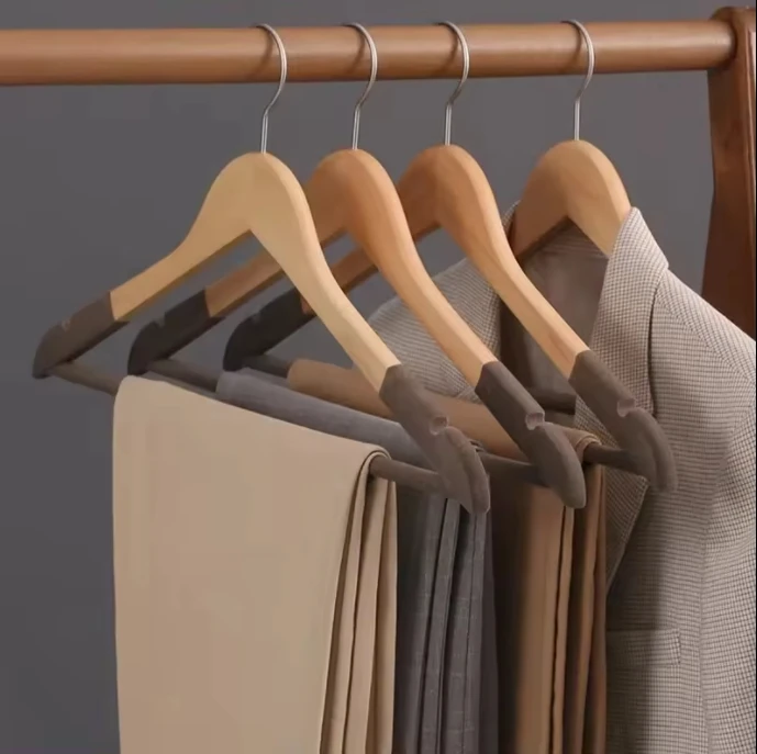 Hot sale natural solid wood hanger non slip flock shoulder wooden coat hanger for clothing garments