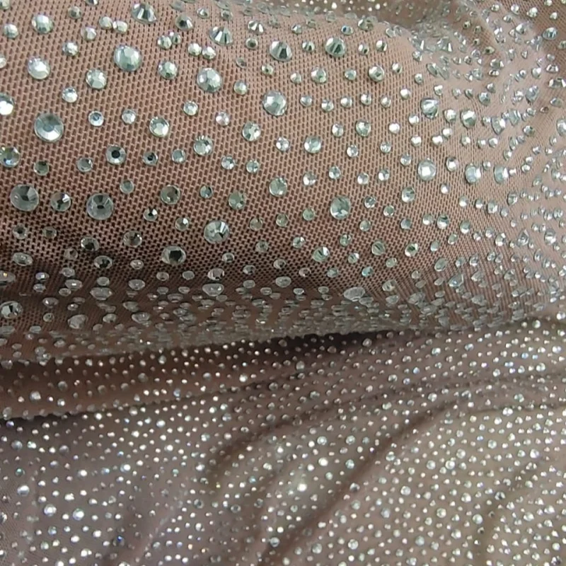 Hot Sale Rhinestone Clothing Material Starry Crystal Stretchable Mesh Fabric Any Color Can Custom