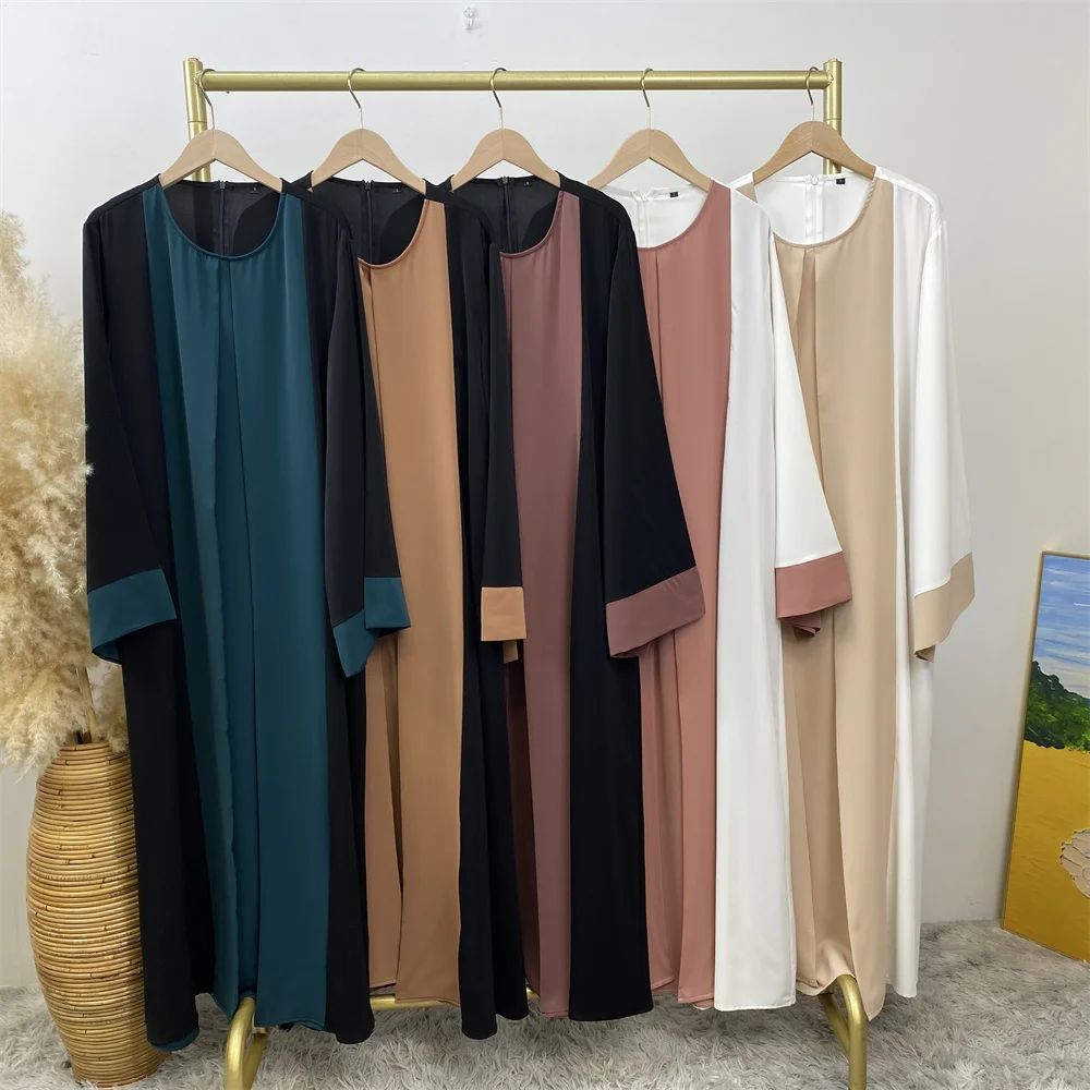 6780# Stylish Modest Contrast Color Nida Fabric Dubai Islamic Women Dress with Pockets