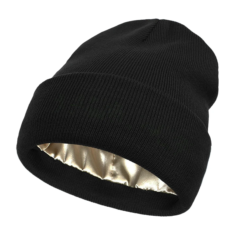 Wholesale New Design Adult Winter Warm Hats Lady Beanies Satin Lined for Women Men Knitted Satin Lined Beanies Hat for Daily Use