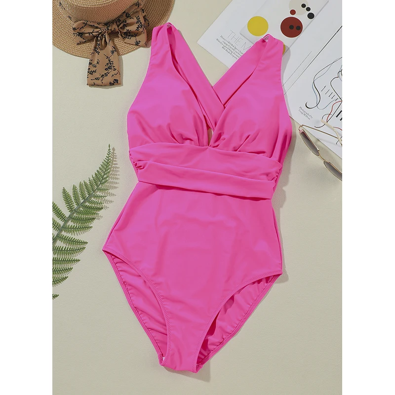 Dear-Lover Summer Beach Wear Wholesale Girls Solid Color Crossover Backless Ruched One Piece Swimsuits For Women