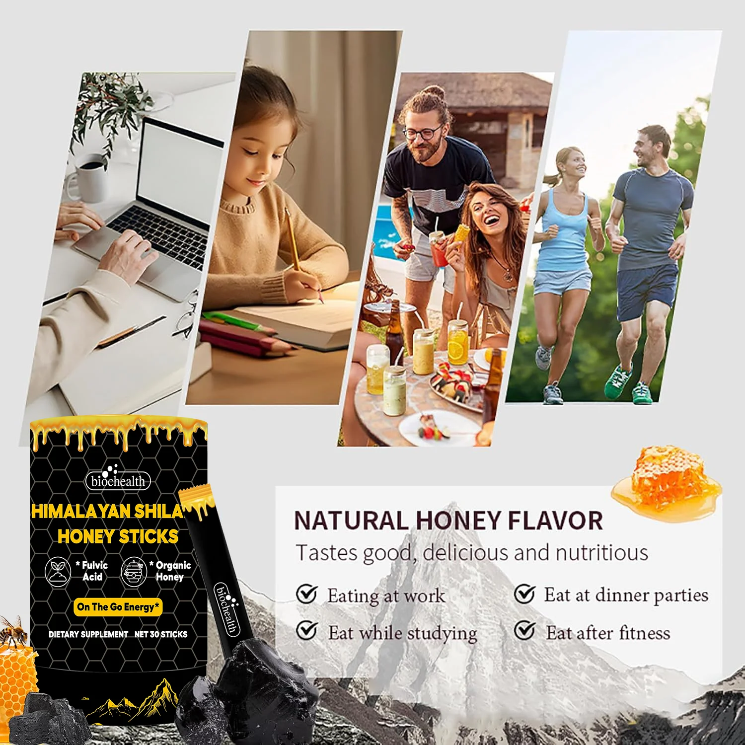 Biochealth GMP Pure Himalayan Shilajit Sticks with Organic Honey, Saffron - 30 Sticks for Energy Boost & Immune Support