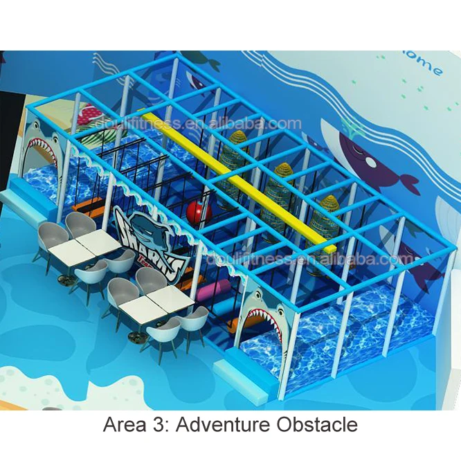 Douli customizable kids large 305sq.m oceam themed 4 in 1 indoor naughty castle snow slide obstacle course bool pool playground