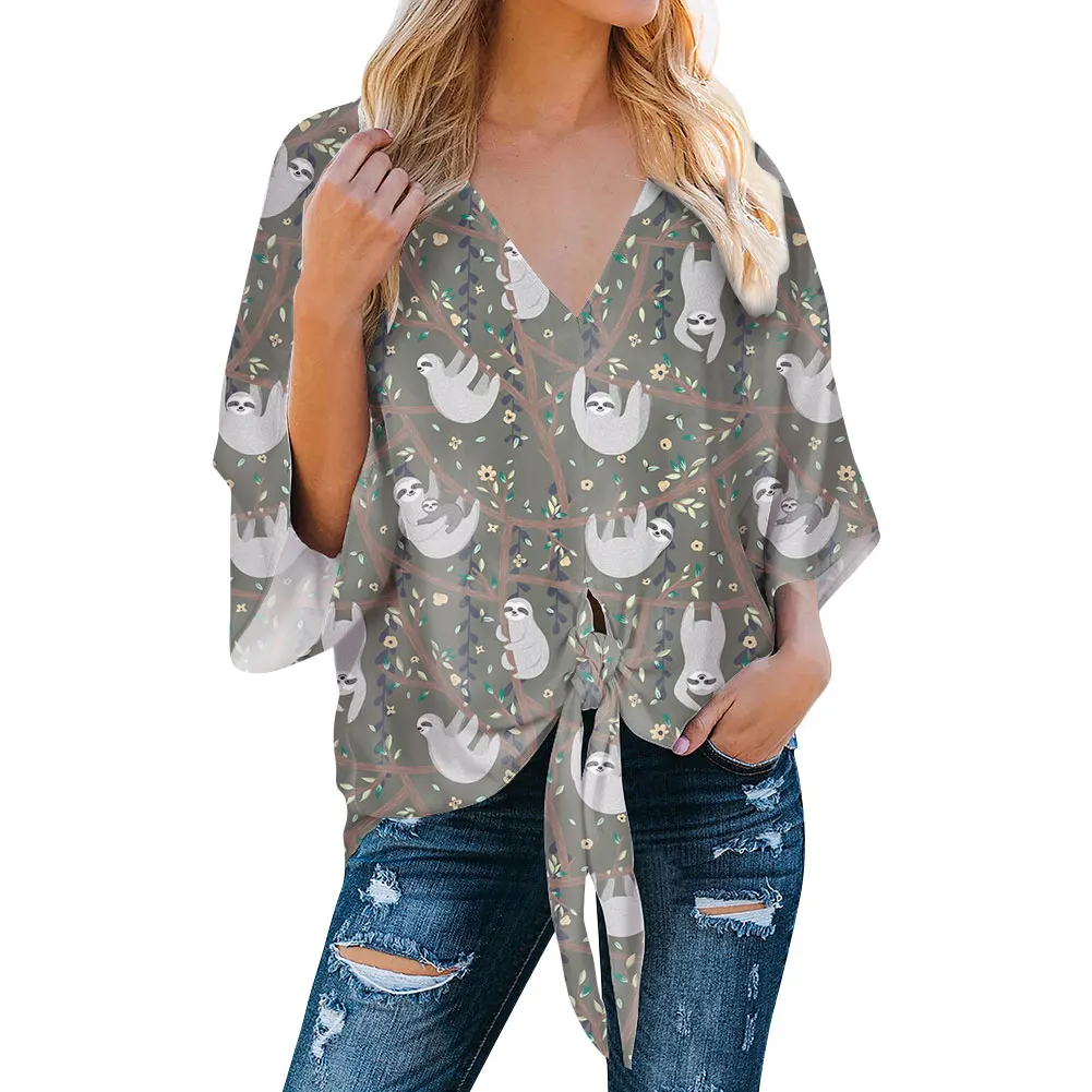 
2021 Custom Made Cartoons Sloth Printing Deep V-neck Sexy Flared Sleeves Fashion Sexy Casual Looses Chiffon Women Shjavirts 