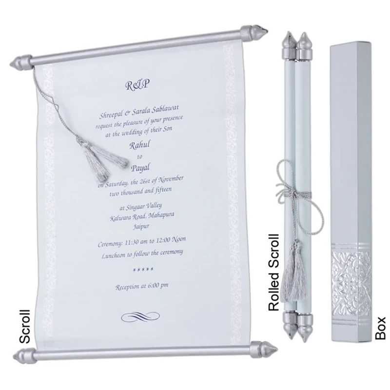 2024 Customize Low Moq Paper Scroll Wedding Invitation Card with Box & Tassel Unique Rolling Paper Wedding Invitation Cards