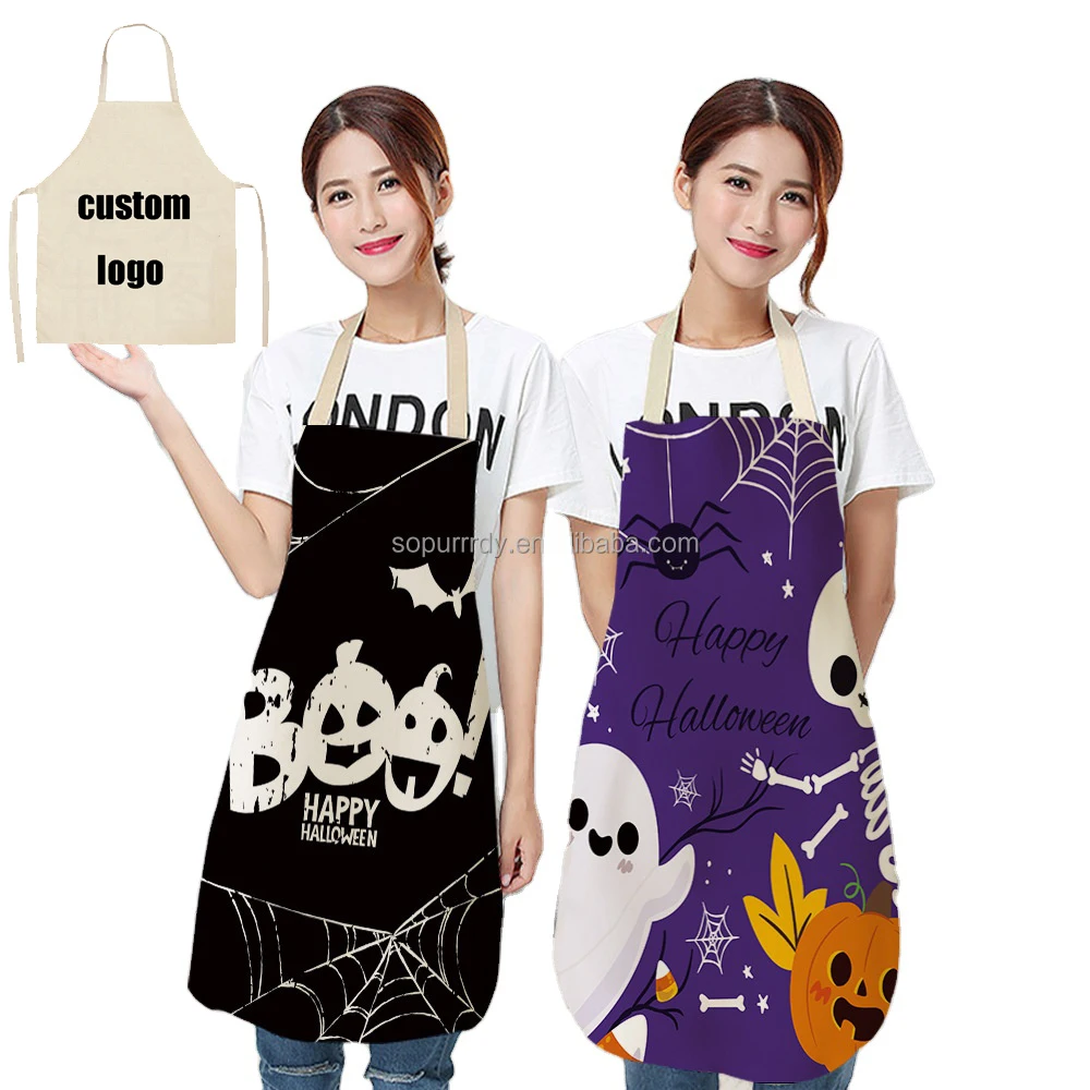 Custom Design Print Logo Christmas Halloween Beige Full Printing Long Chef Cooking Kitchen Bib Cotton Line Apron with Pockets