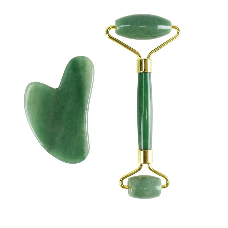 Зеленый нефритовый ролик для лица, инструмент для подтяжки кожи гуаша, подбородка, каменный массажер, Нефритовый ролик и набор гуаша