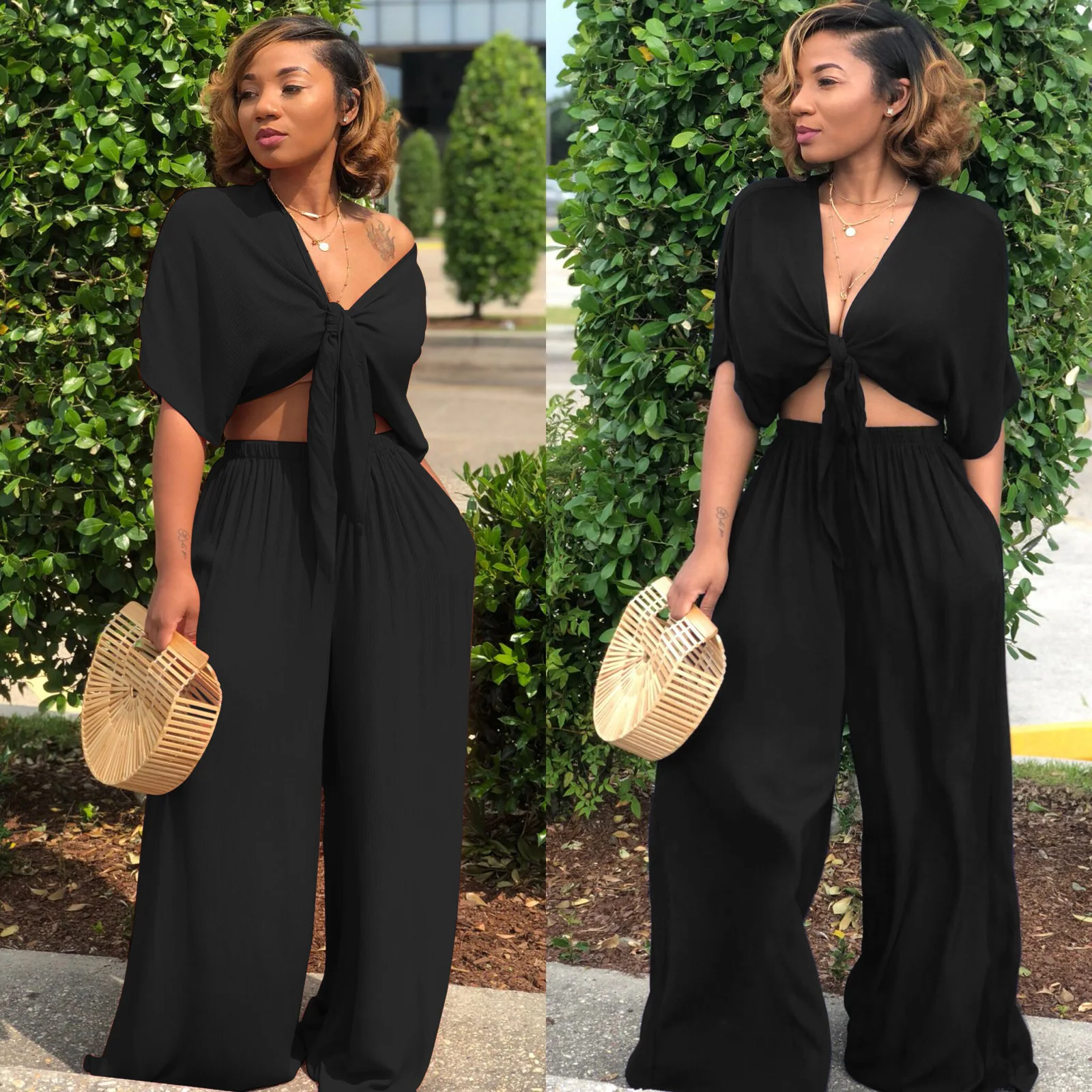 A7003 2022 new summer clothing casual off shoulder tie blouse sexy bandage custom logo wide leg pants set women two piece suit