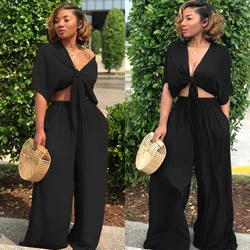 A7003 2022 new summer clothing casual off shoulder tie blouse sexy bandage custom logo wide leg pants set women two piece suit