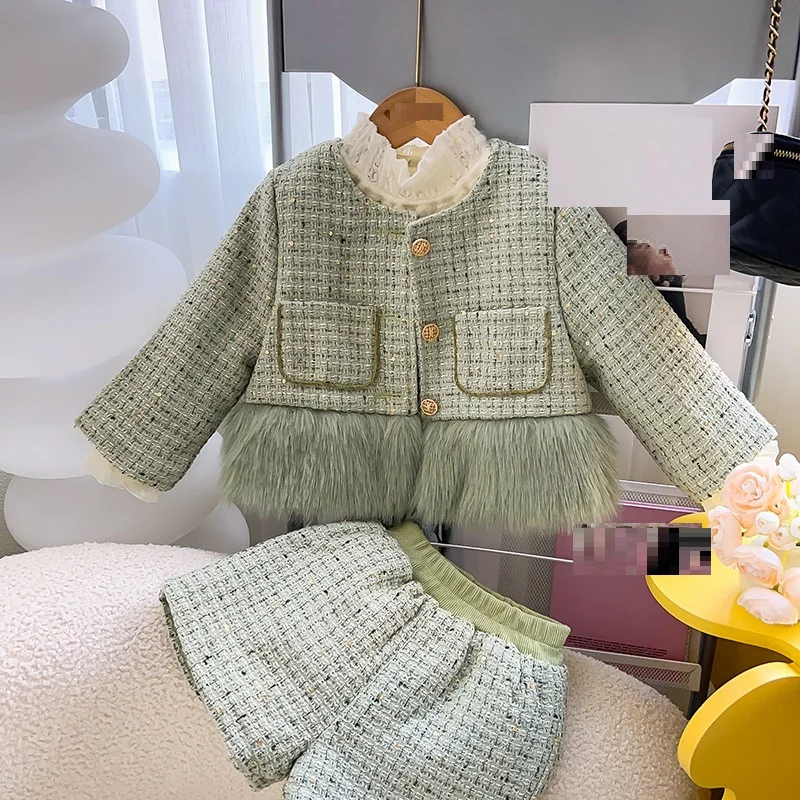0371 2024 New Korean Girl Clothes Sets Kids Girl Princess Winter Clothing Set Children Fur Jacket Shorts Winter Suit