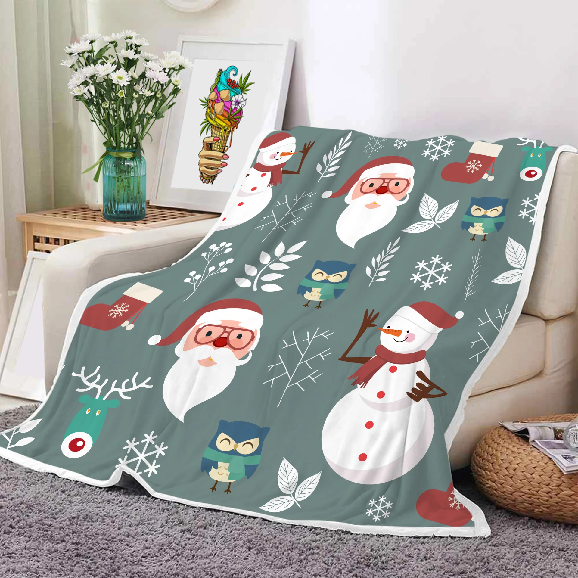 High Quality Custom Christmas Flannel Blanket Snowman Digital Printed Polyester Fleece Blanket