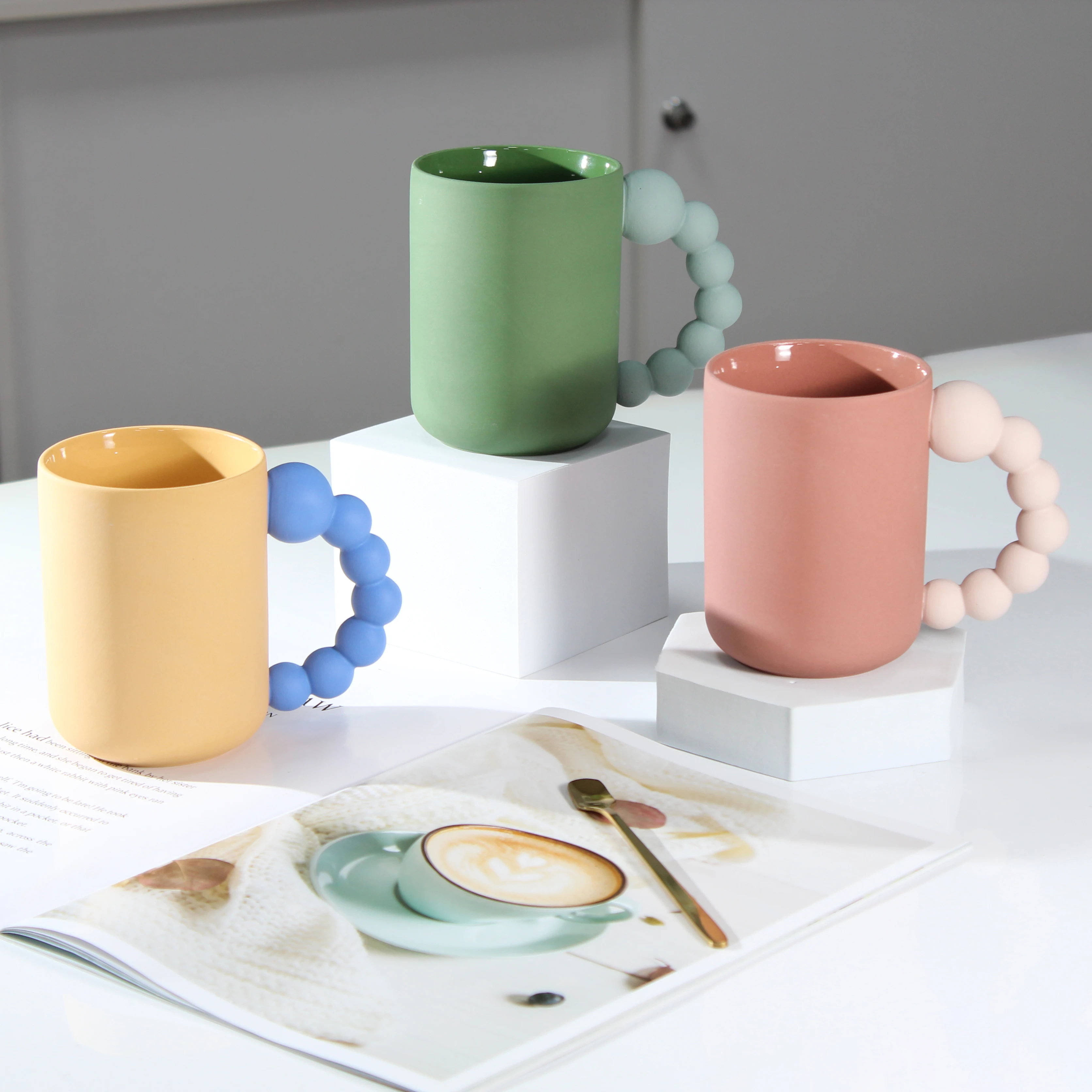 Wholesale ins style cute custom unique handle matte multi-colored nordic ceramic water coffee mug with logo