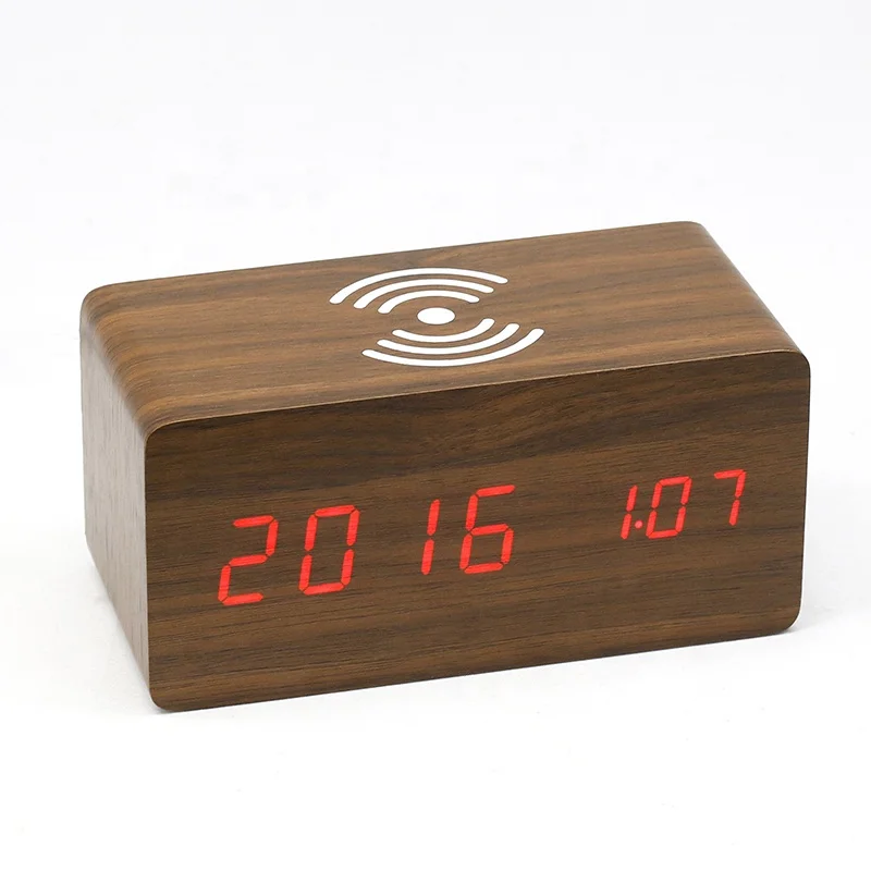 KH-WC028 LED Digital Alarm Clock Wood Phone Qi Wireless Charger with 2 USB Port Hub