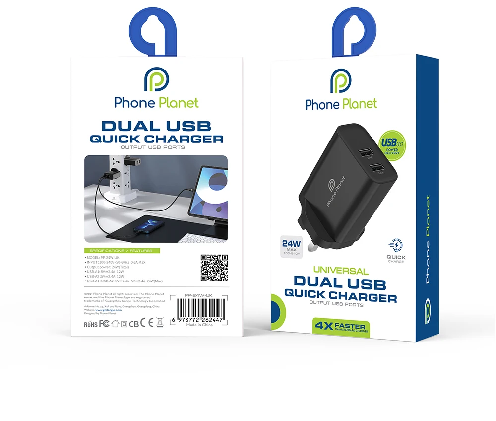 Phone Planet Intelligent Chip 24W Fast Charging 2 USB Port UK EU US PD QC 24W Wall Charger For Mobile Phone