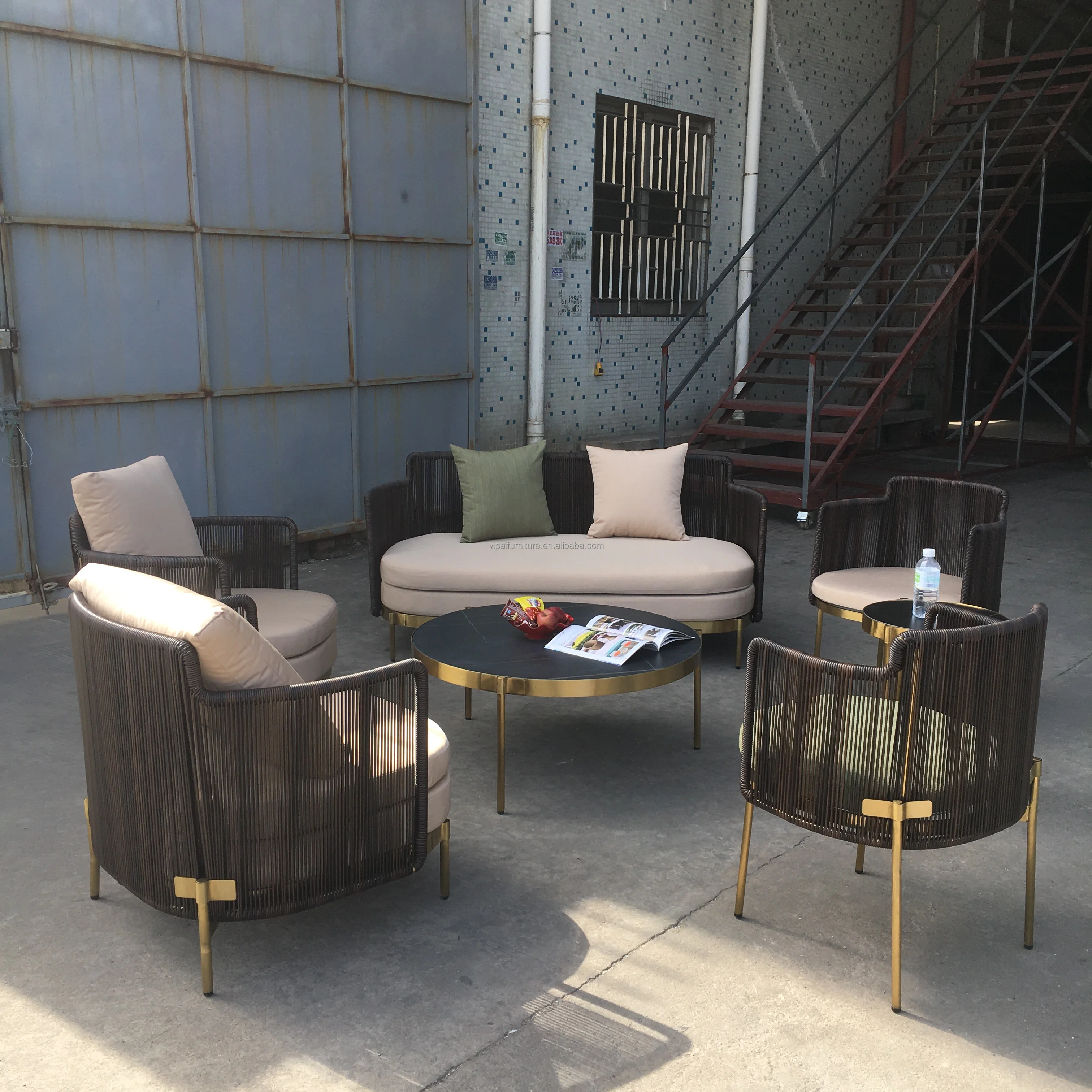 outdoor furniture 5 star hotel metal stainless steel base garden outdoor sofa set Water Proof cushion patio garden sofa set