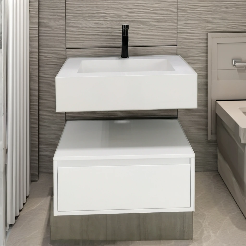 Customized wooden hotel engineering series bathroom cabinet white with mirror, seamless basin on rock countertop