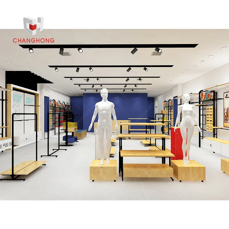 Shop fitting commercial clothes shop interior retail metal clothing store display fixtures and wall hangers for garment display