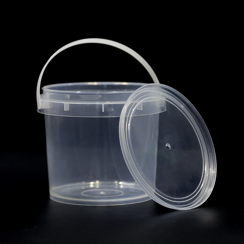 white clear plastic bucket with plastic handle