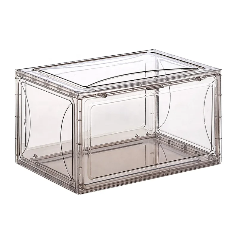 Ama Hot Selling Fashion Acrylic Plastic Magnetic Side Opening Stackable Folding Transparent Display Shoe Storage Box