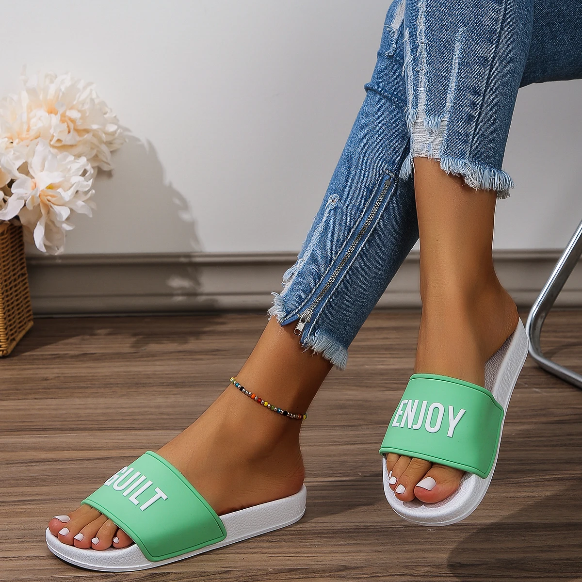 Happyslide Wholesale Factory Price Green Color Unisex Men Women Custom Logo Blank Slides Slippers Footwear