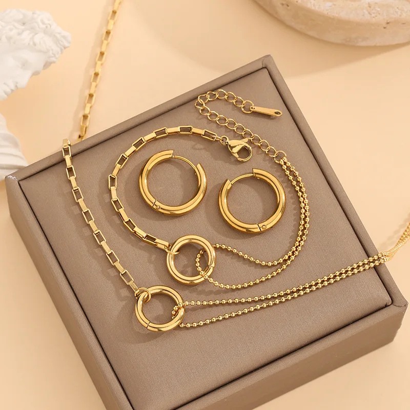 Minimalist 18k Gold Plated Non Tarnish Round Stainless Steel Necklace Bracelet Earrings Jewelry Set For Women