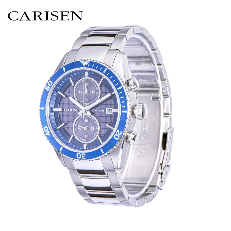 Men Solar Watch Wholesale Men Fashion Chrono Quartz Watches Solar Power Stainless Steel Wristwatch