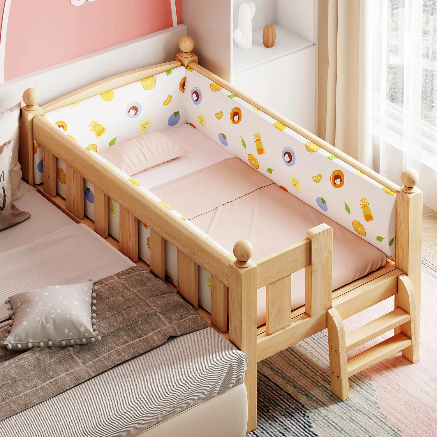 Children home living room  natural solid wood modern baby bed  with guardrail