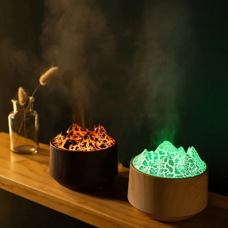 USB Volcano wood grain essential oil perfume smart remote control simulation flame spray humidifier led aromatherapy night light