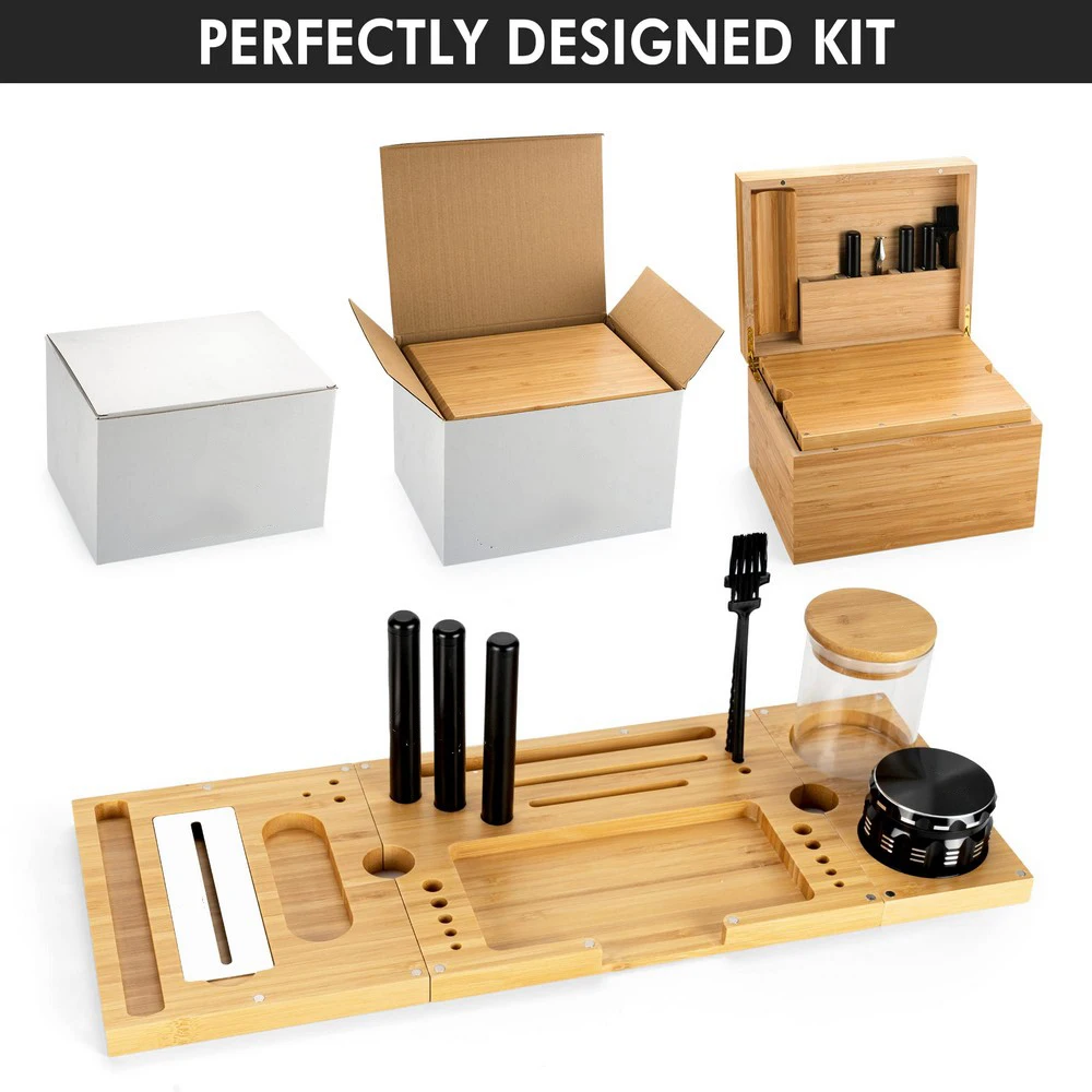 Hinged Lid Extra Large Foldable Rolling Tray Wooden Storage Box Bamboo Stash Box