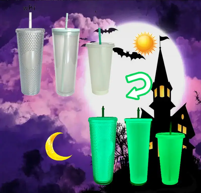 Halloween Double Wall Glow in the Dark Plastic Bottle 24oz Water Bottle Straight Tumbler Skinny Plastic Cups with Lids and Straw