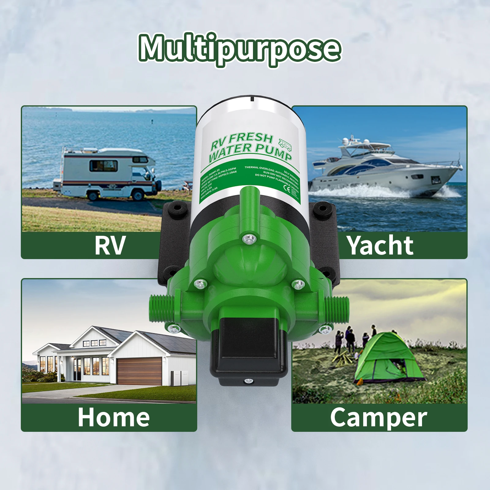 RV Fresh Water Pump 12V DC Self Priming Diaphragm Water Pump 3.5 GPM with Strainer Filter and Adapters