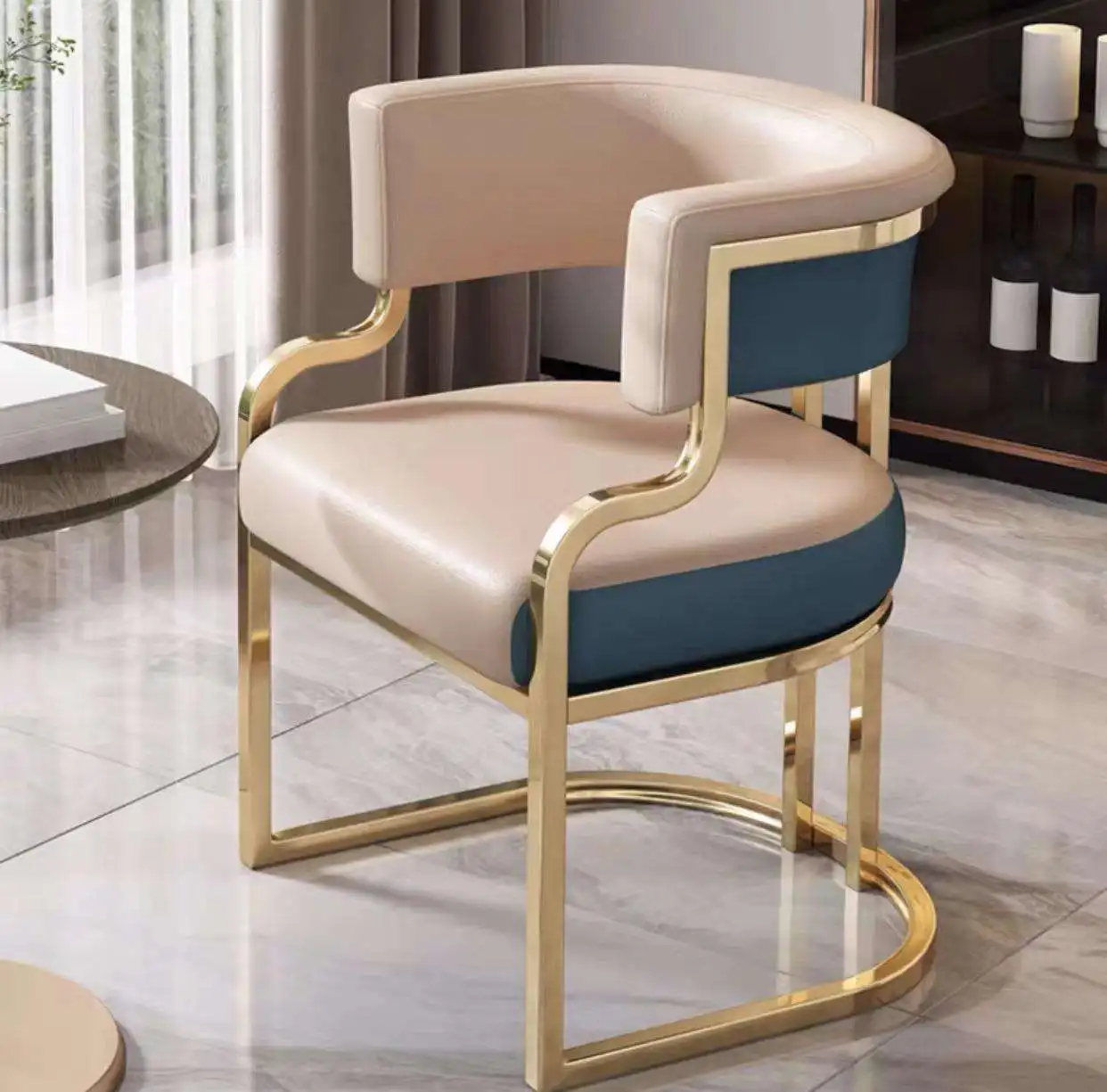 Modern Luxury Cafe Salon Visitor Golden Metal Upholstered Tub Leather Dining Armchair Chairs For Sale