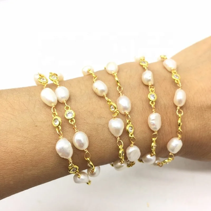Hotselling Gold Plating Copper Wire Wrapped Natural Pearl and  Zircon Beads Rosary Chain Jewelry